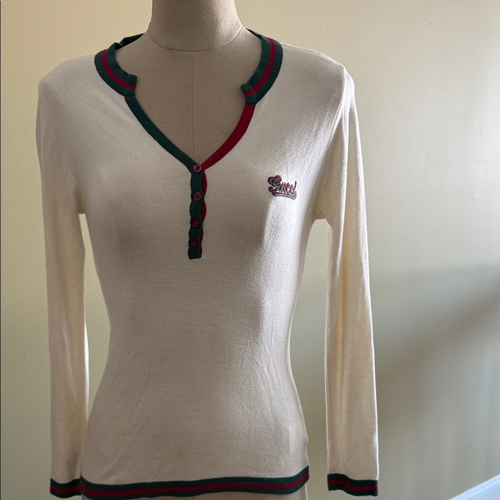 Gucci Cream Top with Green and Red Accents
